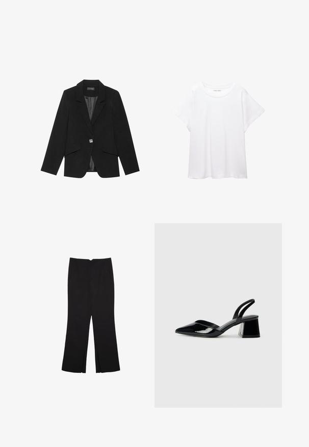 Črn blazer z enojnim gumbom, z obeljenimi ovratniki in dolgimi rokavi. Gladko blago s prilagojenim krojem in stranskimi žepki z poklopcem.; Bela majica s kratkimi rukavi, izdelana iz mehkega in lahkega blaga. Ima okroglo ovratnico ter kratke, široke rokave z udobnim krojem. Brez vidnih vzorcev.; Črne hlače ravnega kroja z naglavnimi žepi in stranskimi razporki na robu. Narejene iz mehke, gladke tkanine. Primerne za različne priložnosti.; Črne lakirane slingback pete s koničastim nosom in geometrijsko blokasto peto. Imajo eleganten, minimalističen dizajn in gladko teksturo.