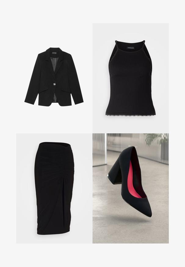 Juodas švarkas su vieno mygtuko užsegimu, notch apykaklėmis ir ilgomis rankovėmis. Lygus audinys, pritaikytas pagal figūrą ir šoninės kišenės su atvartais.; Juodas raštuotas marškinėlis be rankovių su banginiu nėriniu apdaila apatine dalimi. Savybės: plonos petnešos ir prigludusi forma. Pagaminta iš tamprios medžiagos.; Juoda, raukšlėta pieštuko sijonas su raišteliu ir šoniniu įpjovimu. Pagamintas iš elastingos medžiagos, pasižymi lygiu paviršiumi ir prigludusia forma.; Juodas aukštakulnis batai su smailiu pirštu, su tekstūruota paviršiumi ir ryškiai rožiniu vidumi. Su tiek dideliu kulnu, tiek sidabriniu akcentu.