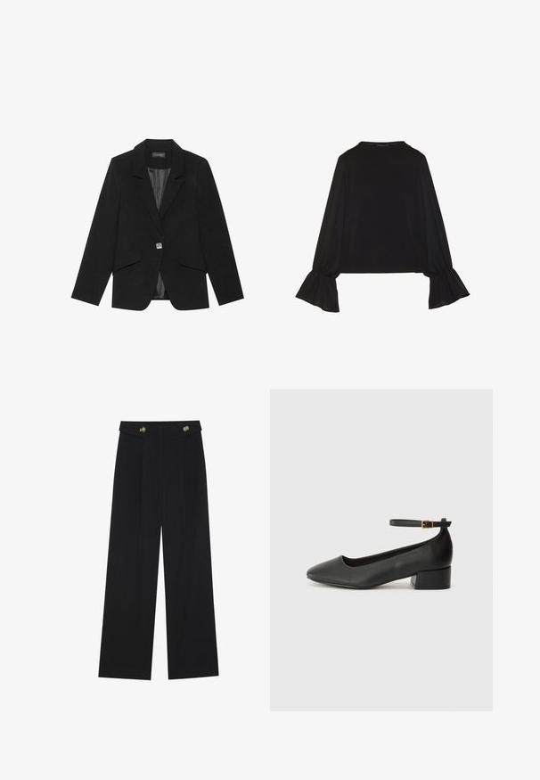 Svart kavaj med enknappsstängning, slagkragar och långa ärmar. Slätt tyg med en skräddarsydd passform och sidofickor med klaff.; Svart långärmad topp med utställda ärmslut, mjuk textur och avslappnad passform, med en enkel rund halsringning.; Svarta vida byxor med hög midja, knäppdetaljer i midjan och framfickor.; Svart läderpump med spetsig tå och en låg klack. Har en ankelsnodd med en guldtonad spänne. Slät textur.