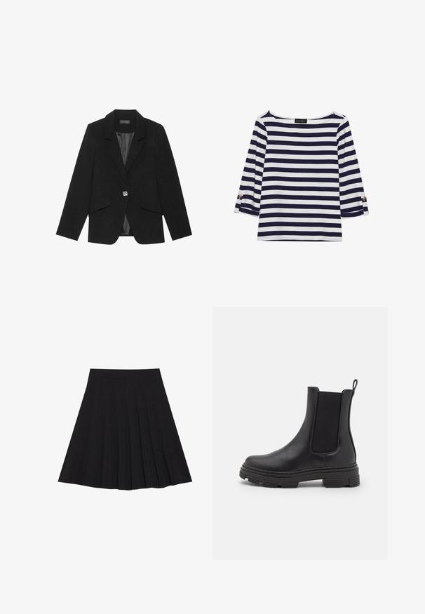 Svart blazer med enkelt knappelukking, slaglapeller og lange ermer. Glatt stoff med skreddersydd passform og sidelommer med klaff.; Marineblå og hvit stripete langermet topp med båthals og gullknapper på rullede ermer. Myk stoff, avslappet passform.; Svart plisserte skjørt laget av teksturert stoff med en tettsittende linning. Går til knelengde, med en glatt, ren silhuett.; Sorte lær ankelstøvler med elastiske sidepaneler, rund tå og teksturert gummisåle. Har en løkke bak for enkel påkledning.