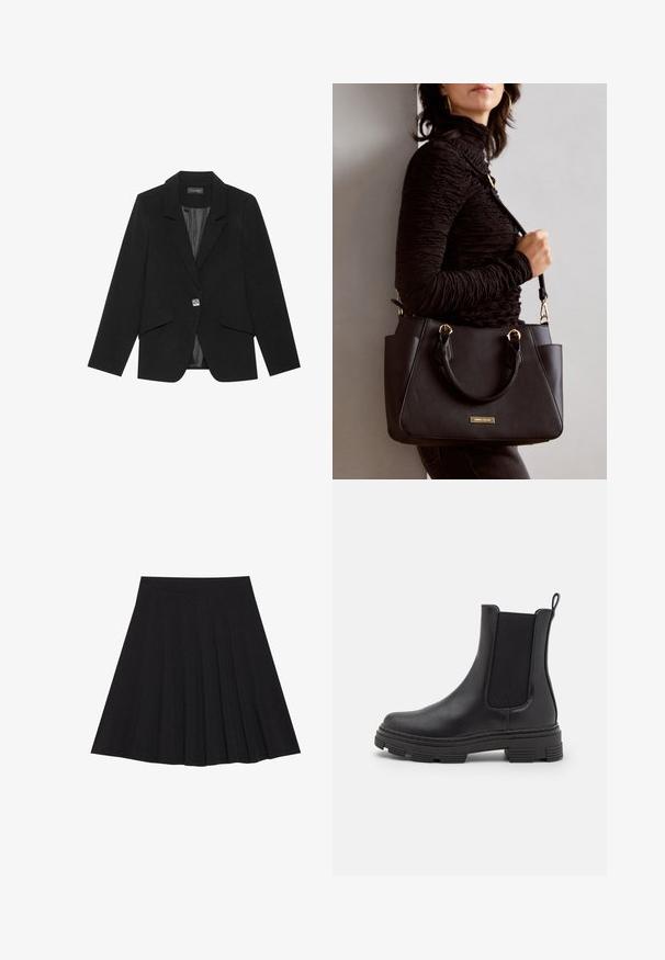 Svart blazer med enkelt knappelukking, slaglapeller og lange ermer. Glatt stoff med skreddersydd passform og sidelommer med klaff.; Marineblå og hvit stripete langermet topp med båthals og gullknapper på rullede ermer. Myk stoff, avslappet passform.; Svart plisserte skjørt laget av teksturert stoff med en tettsittende linning. Går til knelengde, med en glatt, ren silhuett.; Sorte lær ankelstøvler med elastiske sidepaneler, rund tå og teksturert gummisåle. Har en løkke bak for enkel påkledning.; Svart håndveske med teksturert overflate, doble topphåndtak og justerbar skulderrem. Har detaljer i gulltone og sidelommer.
