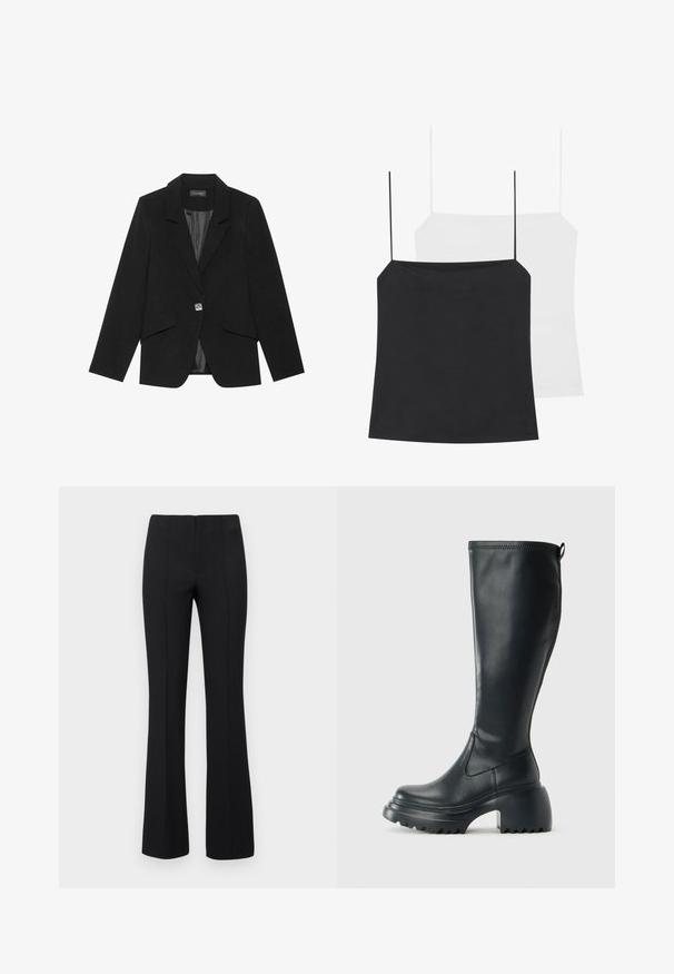 Črn blazer z enojnim gumbom, z obeljenimi ovratniki in dolgimi rokavi. Gladko blago s prilagojenim krojem in stranskimi žepki z poklopcem.; Prikazane so dve top majice: ena črna in ena bela. Obe imata tanke naramnice in prilegajoč dizajn, izdelani so iz gladkega, elastičnega materiala.; Črne razširjene hlače z rebrasto teksturo in oprijetim pasom. Oblikovanje vključuje navpične šive za optimiziran videz. Brez vidnih kovinskih delov.; Visoka črna usnjena škornja s debelim podplatnim solejem in blok peto, opremljena s potegom in strukturiranim profilom na podplatu.