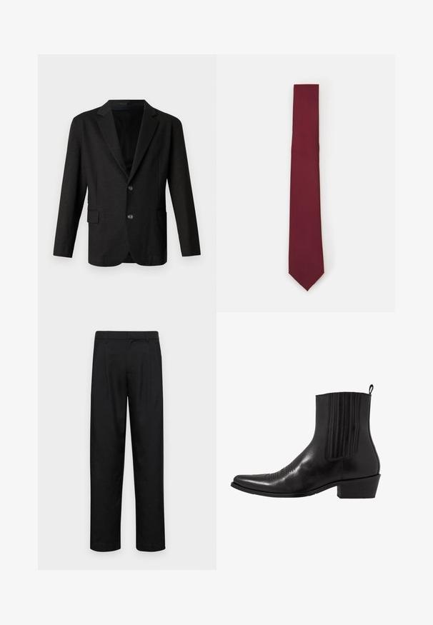 Donkergrijze blazer van een gladde, gestructureerde stof. Voorzien van een geknipt revers, twee voorknopen en een enkele zak aan de linkerkant.; Witte langesleeve overhemd met knopen, gemaakt van een gladde stof. Kenmerkt zich door een klassieke kraag, voor knopen en manchetten met één knoop. Slim fit ontwerp.; Zwarte broeken van gladde stof, met een recht model, twee voorknikken en een standaard tailleband met riemlussen.; Zwarte leren enkellaarzen met een spitse neus, elastische zijpanele, verticale stiksels en een lage blokhak.; Bordeaux zijden stropdas, smalle vorm met een stevige textuur. Heeft een puntige punt, consistente kleur en een gladde afwerking.