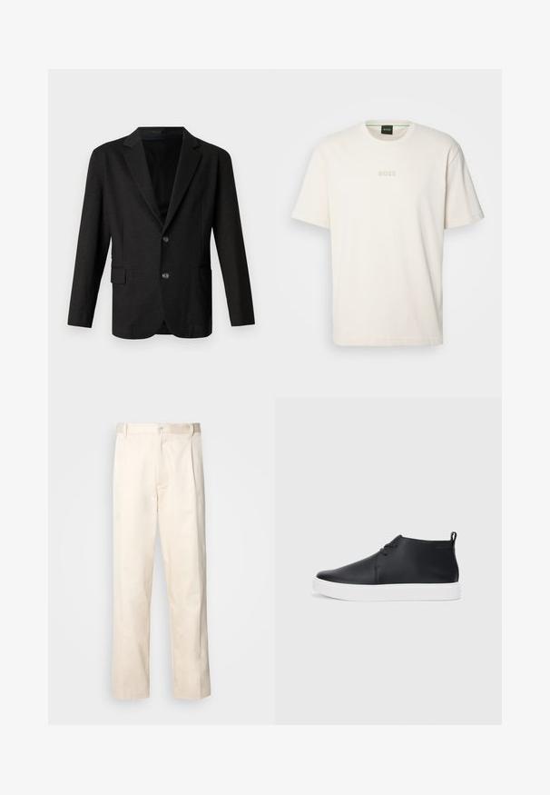 Tumši pelēks bleizers no gludas, teksturētas auduma. Iezīmēta ar iedobtu apkakli, diviem priekšējiem pogām un vienu kabatu kreisajā pusē.; BOSS TEE - Pamata T-krekls - open white; Bežā krāsā auduma bikses ar taisnu kāju griezumu, pievienotām pogu aizdares un priekšējiem krokām papildu detaļām.; Melnas ādas augstas tenisa kurpes ar gludu apdari, baltu gumijas zoli un vienkāršu šņorēšanas dizainu. Aizmugurē ir vilkšanas cilpa.