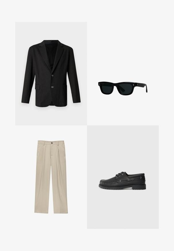 Tmavosivý sakó vyrobené z hladkej, štruktúrovanej tkaniny. Má klopaný límec, dve predné gombíky a jednu kapsu na ľavej strane.; Čierne bavlnené tričko s krátkymi rukávmi, okrúhlym výstrihom a voľným strihom. Hladká textúra a minimalistický dizajn, bez vzorov alebo akcentov.; Čierna košeľa na gombíky z bavlny. Má golier, dve náprsné vrecká a predné zapínanie na gombíky. Dlhé rukávy s gombíkovými manžetami.; Béžové nohavice s rovný strihom, s jedným čiernym gombíkom, pútkami na opasok a bočnými vreckami. Hladká textúra látky a minimálny dizajn.; Čierne kožené lodičky s hrubou gumovou podrážkou, šnúrkami vpredu a dekoračnými postrannými očkami na jednoliatom svetlosivom pozadí.; Čierne slnečné okuliare s hranatými rámami, tmavými sklami a hladkým plastovým materiálom. Obsahujú malé, guľaté detaily na prednej strane a štíhle ramienka.; Digitálne hodinky Casio so sťahovacím pásikom z nehrdzavejúcej ocele. Čierny ciferník zobrazuje čas a deň, má bočné tlačidlá a je vodotesný.