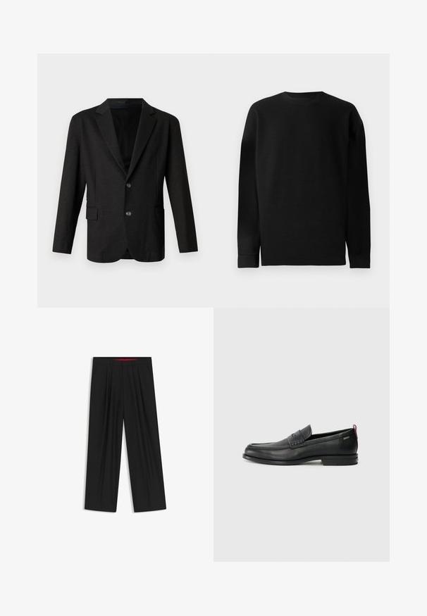 Blazer grigio scuro in un tessuto liscio e testurizzato. Presenta un rever a punta, due bottoni frontali e una tasca singola sul lato sinistro.; Maglione nero a maniche lunghe realizzato in materiale a coste. Presenta un collo rotondo e un orlo dritto con polsini aderenti. Design semplice e di colore uniforme.; Pantaloni neri a gamba larga con fronte piatto, due tasche laterali, design plissettato e un elastico in vita di colore rosso a contrasto.; Mocassini in pelle nera con un pannello anteriore testurizzato e lati lisci. Presentano un tacco sottile e un anello sul retro per una vestibilità facile. Design classico.