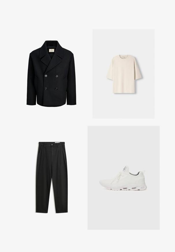 Fekete, dupla soros gyapjúkabát sima tapintással, nagy fekete gombokkal, fodros gallérral és oldalsó zsebekkel.; Beige, nagyméretű, pamut póló kerek nyakkivágással és rövid, leengedett ujjakkal. Sima textúra, minimális dizájn, minták vagy díszítések nélkül.; Fekete pamut nadrág laza szabással, klasszikus derékrésszel, elülső hajtásokkal és oldalsó zsebekkel. Simább textúra minta nélkül.; Fehér sportcipők, texturált kötött felsőrésszel, lapos fűzőkkel és párnázott talppal, amely látható légkamrákkal rendelkezik a megerősített kényelem érdekében.