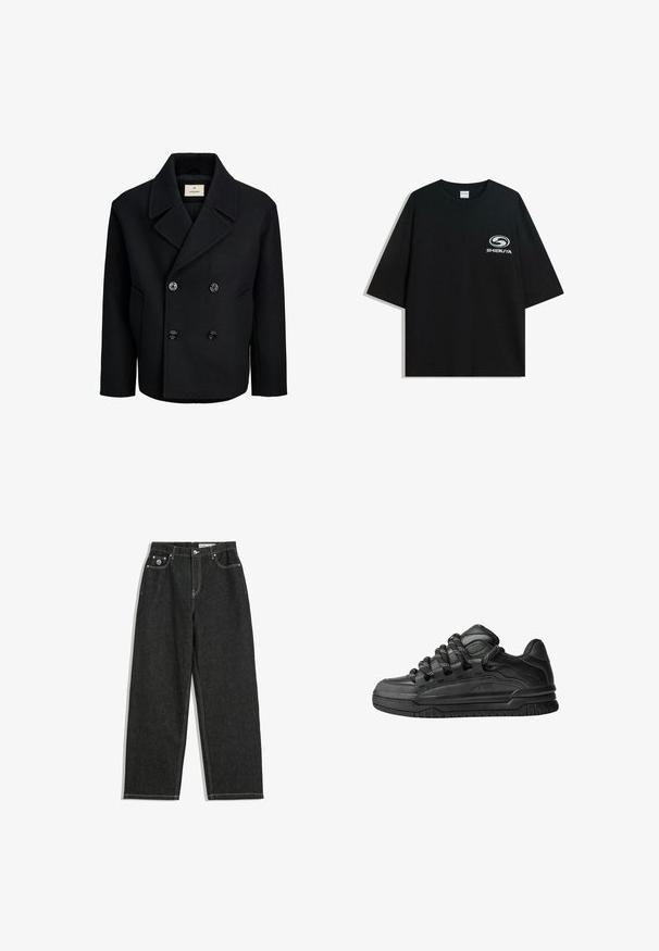 Čierny dvojradový kabát vyrobený z vlny s hladkou textúrou, s veľkými čiernymi gombíkmi, rýflu límcom a bočnými vreckami.; Čierne oversize bavlnené tričko s okrúhlym výstrihom a krátkymi rukávmi, s bielym logom "Shibuya" potlačeným na prednej strane.; Čierne rovné džínsy s bielym prešívaním, designom s piatimi vreckami, zapínaním na gombík a zips, a malým logom na pravom prednom vrecku.; Čierne tenisky s hladkým koženým zvrškom, štruktúrovanými akcentami a okrúhlymi čierno-bielymi šnúrkami. Hrubá gumená podrážka s vzorovaným dezénom.