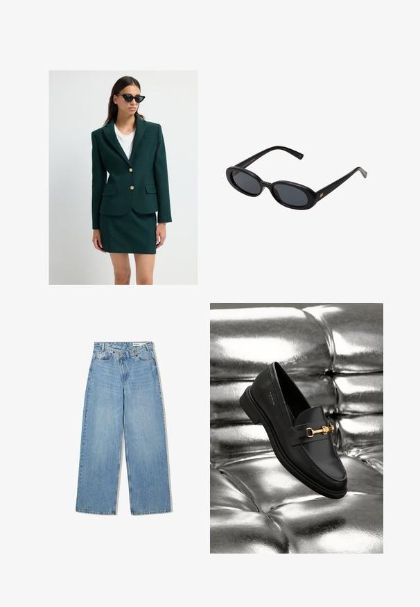Kvinna klädd i mörkgrön kavaj med guldknappar, matchande kjol, vit topp och svarta kattöga-solglasögon mot en enfärgad bakgrund.; En enkel vit långärmad skjorta med rund hals, visad bakifrån, liggande platt på en vit bakgrund.; Ljusblå vida jeans i denim, med hög midja, fem fickor, knappstängning och subtil blekning för textur.; Svart läderloafer med detaljer i guldfärg. Skon har en slank design och en jämn, blank yta.; Svarta överdimensionerade solglasögon med ovala linser, slät plastbåge och guldaccent på bågarna. Mörka linser ger solskydd.