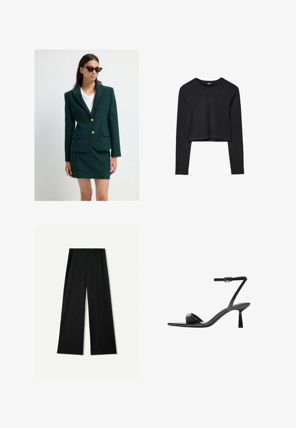 Žena v tmavě zeleném blejzru se zlatými knoflíky, odpovídající sukni, bílém topu a černých kočičích slunečních brýlích na jednobarevném pozadí.; Černý dlouhý rukáv cropped top s kulatým výstřihem, jednoduchý design a mírně zaoblený lem.; Bershka WIDE - Kalhoty - black; Bershka Sandály na vysokém podpatku - black