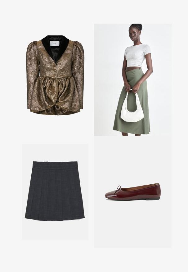 Metalliseeritud kuldne struktureeritud jakk peplum-öökarvaga, musta sametkraega, tekstureeritud kangaga ja kahe kuldse nupuga.; Burgundia lühike kampsun, millel on nööride kudumimuster, pikad varrukad ja soonikkoes kaelus ja mansetid, näidates tekstuurset kangast.; Mustvalge ja halli ruudulise mustriga nööpidega särk, millel on krae, pikad varrukad ja lõdva istuvus. Kangas näeb välja pehme ning kergelt tekstuuriga.; Tumeda hall pleediga seelik elastse vöökohaga, milles on tekstuuriga kangas ja klassikaline A-line siluett. Sobib igapäevaseks kandmiseks.; Burgundi patendnahk kingad balletitüüpi, ümmarguse ninaosa, ees väike paelaaktsent ja madal must kummist tald. Sile tekstuur.; Hallid hall pitsakene ja oliiviroheline kõrge vöökohtadega seelik. Mudel hoiab käes valget õlakotit, millel on lõikega detailid. Lihtne disain, vormiline siluett.