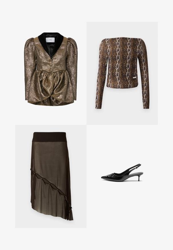 Metallic gold structured jacket with a peplum waist, featuring a black velvet collar, textured fabric, and dual gold buttons.; Leopard print long-sleeve cropped top, featuring a smooth texture, brown and black color palette, and a subtle logo accent at the hem.; Black mesh skirt with a fitted waistband, asymmetrical hem, decorative buttons along the front, and layered sheer texture.; Black leather slingback heels with a pointed toe, small kitten heel, and a decorative knot detail on the front. Smooth texture throughout.