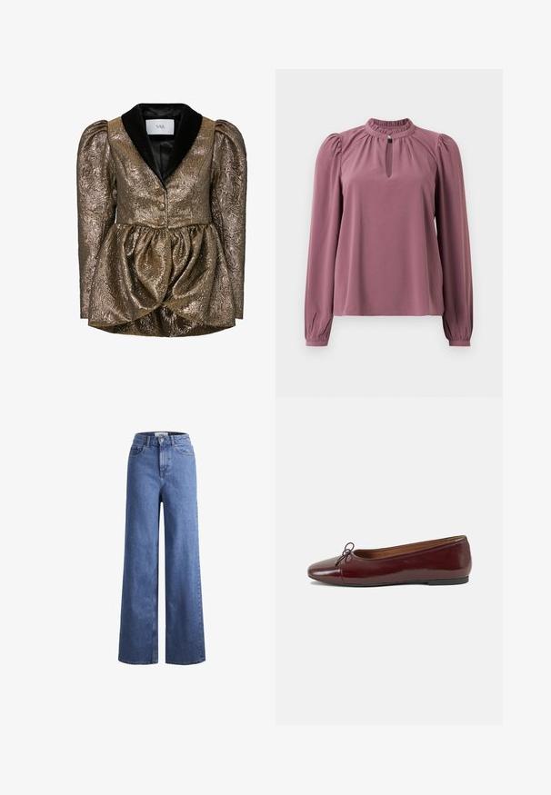 Metallisch gouden gestructureerde jas met een peplum taille, voorzien van een zwarte fluwelen kraag, textuurstof en dubbele gouden knopen.; Mauve blouse met lange mouwen, geplooide kraag, keyhole halslijn met knoopsluiting en licht opgeblazen schouders.; Lichtblauwe denim wijde jeans met een hoge taille, twee voorzakken en zichtbare stiksels. Voorzien van een knoop- en ritssluiting.; Bordeaux gepatenteerd lederen ballerina met een ronde neus, een klein strikaccent aan de voorkant en een lage, zwarte rubberen zool. Glad textuur.
