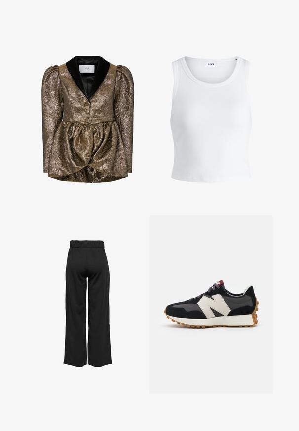Metalliseeritud kuldne struktureeritud jakk peplum-öökarvaga, musta sametkraega, tekstureeritud kangaga ja kahe kuldse nupuga.; Valge ribakujuline tank top, millel on ümmargune kaelus, varrukateta disain ja lühike pikkus. Silt ütleb "JJXX." Sile kangast tekstuur.; Mustad, laiad püksid elastse vöökohtaga, valmistatud siledast kangast. Omab lihtsat disaini, ilma taskute või nähtavate õmbluste detailideta.; Mustmust ja halli nubukist tennisajal on suur kreemjas "N" logo, lilla paelad ja tekstureeritud kummist välispohja.