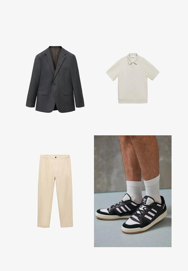 Tamnosivi blejzer od teksturiranog materijala, s rebrastim reverom, zatvaranjem na jedan dugme i dva prednja džepa. Unutrašnjost podstavljena.; Mango Polo majica - grey; Bež hlače od mekane tkanine; imaju elastičnu sredinu, prednje džepove i ravne nogavice.; Crne i bijele tenisice s gornjim dijelom od antilopa i kože, s tri bijele pruge, perforiranim prstom i gumiranim potplatom.