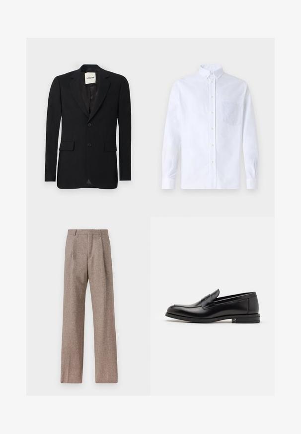 Svart kavaj med ett slätt tyg, slagfickor, två framfickor och två knappar. Har en satininteriör och varumärkesskylt inuti.; Vit långärmad skjorta med knappar, tillverkad av bomull, med en bröstficka med ton-i-ton broderi, krage och knappmanchetter.; Bruna, högmidjade byxor i texturerat tyg. Har vida ben och två framvikningar för struktur. Välavslutad utan synlig hårdvara.; Svarta läderloafers med en slät yta, rund tå och ett dekorativt band över främre delen. Låg staplad klack, minimalistisk design.
