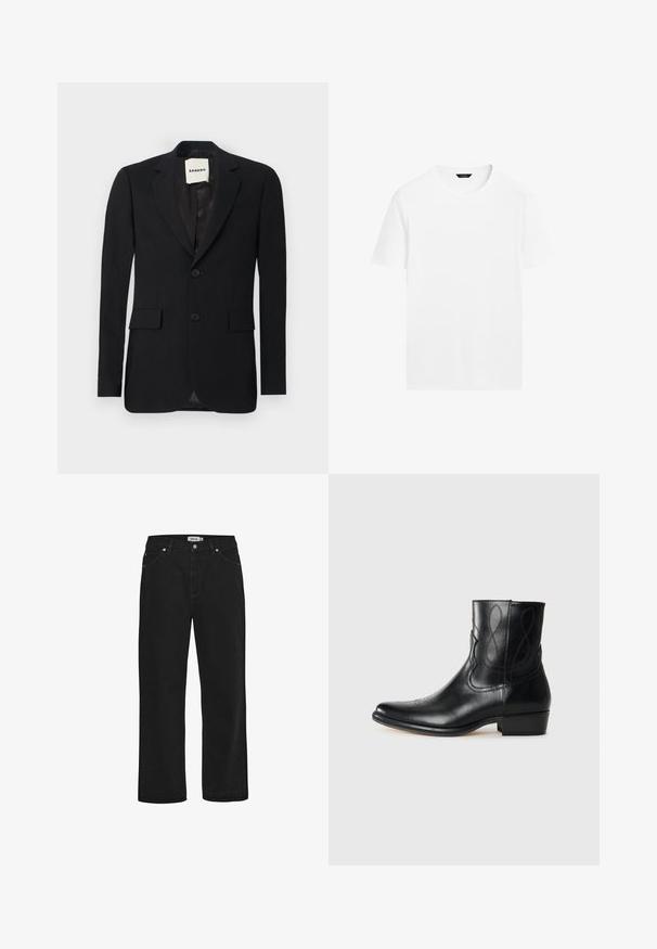 Blazer nero con tessuto liscio, rever a scollo a V, due tasche frontali e due bottoni. Presenta un interno in raso e un'etichetta del marchio all'interno.; T-shirt bianca in cotone con collo rotondo, maniche corte e taglio dritto. Presenta una texture liscia e leggera senza motivi visibili.; Jeans neri in denim con taglio dritto, design a cinque tasche, accenti in hardware color rame e una cintura robusta. Texture liscia, stile essenziale.; Stivaletto in pelle nera con punta affusolata, cuciture decorative e tacco a blocco basso. Texture liscia con accenti di design sottili.