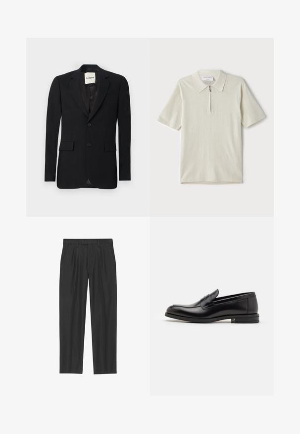 Sort blazer med et glat stof, klapkrave, to forlommer og to knapper. Har en satinforing og et mærke indeni.; Kortærmet polo shirt i lys beige med lynlås-krave. Fremstillet af glat stof, med et enkelt, moderne design uden mønstre.; Sorte plisserede bukser lavet af et glat stof; har en talje med bæltesløjfer og en lige benpasform. Minimalistisk design uden mønstre.; Sorte læderloafers med en glat overflade, rund tå og en dekorativ strop over vampen. Lav hæl med stabeldesign, minimalistisk stil.