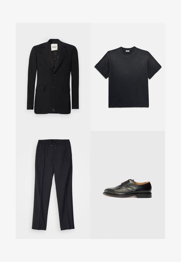 Schwarzer Blazer aus glattem Stoff, mit Reverskragen, zwei Vorderaschen und zwei Knöpfen. Verfügt über ein satinartiges Innenfutter und ein Markenetikett im Inneren.; Schwarzes Baumwoll-T-Shirt mit rundem Ausschnitt und kurzen Ärmeln. Verfügt über eine lockere Passform, eine glatte Textur und ein minimalistisches Design.; sandro ALPHA - Chino - noir; Schwarzer Lederschuh mit glatter Oberfläche, abgerundetem Zehenbereich und minimaler Schnürung. Verfügt über ein dezentes Design und eine niedrige, robuste Gummisohle.