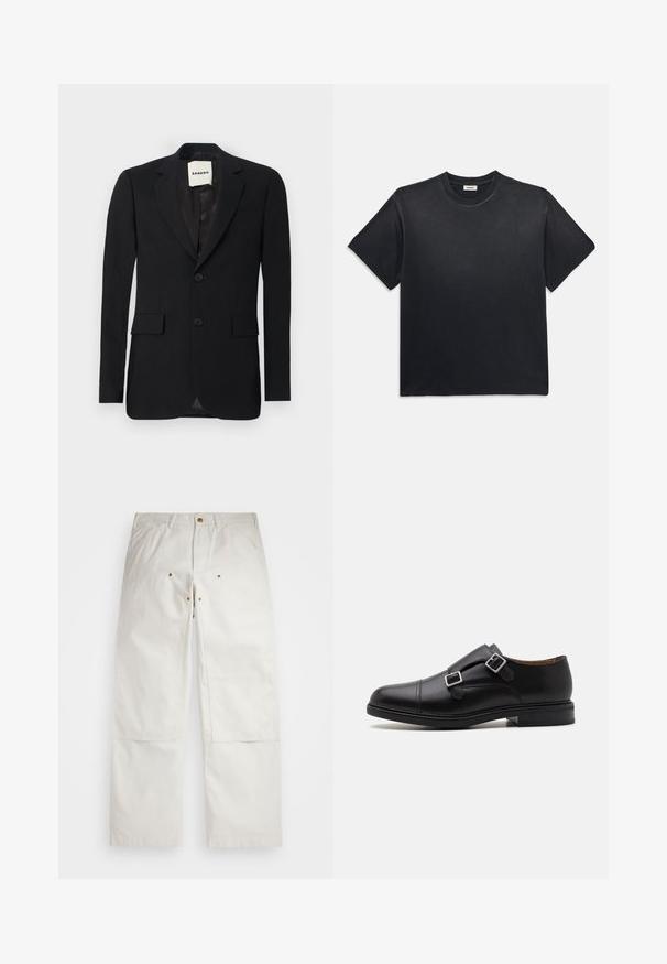 Black blazer with a smooth fabric, notch lapels, two front pockets, and two buttons. Features a satin interior and brand label inside.; Black cotton t-shirt with a round neckline and short sleeves. Features a relaxed fit, smooth texture, and minimalistic design.; White cotton pants with a relaxed fit, featuring front pockets, gold hardware accents, and knee patch detailing.; Black leather dress shoe with double buckle closure, rounded toe, subtle stitching, and a flat, textured rubber sole.