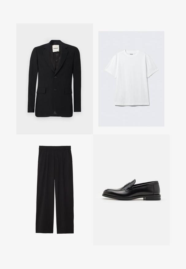 Black blazer with a smooth fabric, notch lapels, two front pockets, and two buttons. Features a satin interior and brand label inside.; White short-sleeve t-shirt made of soft cotton. Features a crew neck and relaxed fit, with a smooth texture and clean, unadorned design.; Black wide-leg trousers with a pleated front, side pockets, and a smooth fabric texture. Designed for a relaxed fit.; Black leather loafers with a smooth texture, rounded toe, and a decorative strap across the vamp. Low stacked heel, minimalist design.
