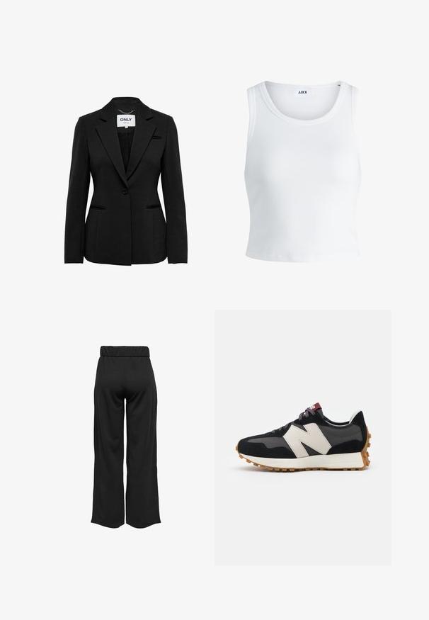 ONLY ONLPEACH FIT - Suknjič - black; Bela rebrasta majica brez rokavov z okroglim izrezom in krajšo dolžino. Oznaka navaja "JJXX." Gladka tekstura tkanine.; Črne hlače širokega kroja z elastičnim pasom, izdelane iz gladkega materiala. Imajo preprost dizajn brez žepov ali vidnih šivov.; Črne in sive semiš športne copate z velikim kremnim logotipom "N", vijoličastimi vezalkami in teksturiranim gumijastim podplatom.
