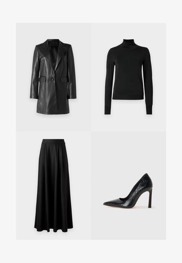 STUDIO ID Odinis švarkas - nappa black; Juoda ilgomis rankovėmis turtleneko tipo megztinis su rebruotomis rankovėmis ir apačia, eksponuojamas ant paprasto balto fono.; Juoda, iki žemės tiesi sijonas su lygiu paviršiumi, plačiu juosmeniu ir pūtimo dizainu, be matomų raštų ar puošmenų.; Juoda smailiakulnė aukšto kulno bateliai su krokodilo odos tekstūra, pasižymintys elegantišku dizainu, aukštu stiletu kulnu ir lygia juoda vidine dalimi.