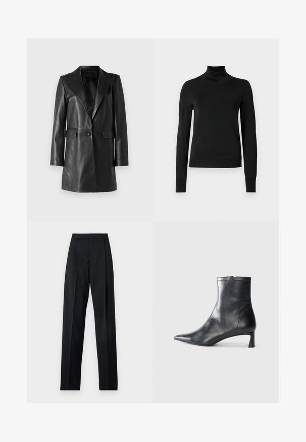 STUDIO ID Lederjacke - nappa black; Schwarzer Langarmrollkragenpullover mit gerippten Bündchen und Saum, auf einem schlichten weißen Hintergrund präsentiert.; Schwarze Hosen aus glattem Stoff mit hoher Taille, weitem Bein, vorderen Falten und klassischen Gürtelschlaufen. Keine sichtbaren Seitentaschen.; Schwarze Lederstiefelette mit spitzer Zehe und schlankem Design. Verfügt über einen niedrigen Absatz und einen Reißverschluss hinten. Glatte Textur.