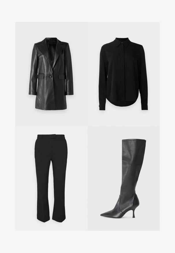 STUDIO ID Jachetă piele - nappa black; Bluză lungă neagră cu mâneci lungi, guler ascuțit, placket cu nasturi ascunși și tiv curbat pe un fundal alb simplu.; Pantaloni negri, croiți pe picior drept, cu bucle pentru curea și buzunare laterale. Fabricate dintr-un material neted, cu un finisaj curat.; Botine din piele neagră, până la genunchi, cu vârf ascuțit și toc subțire stiletto. Textură netedă, cu un design ajustat și cusături la marginea superioară.