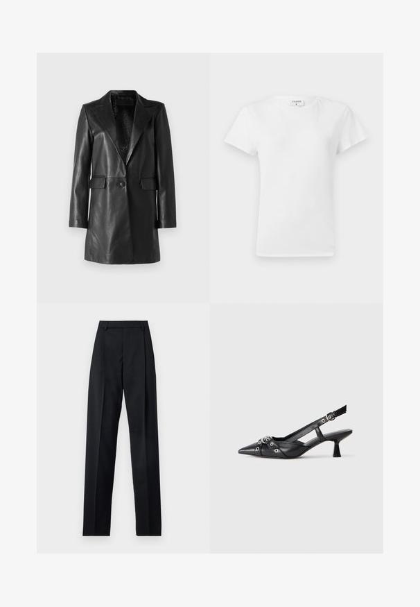 STUDIO ID Usnjena jakna - nappa black; Bela bombažna majica s krojem na vratu in kratkimi rokavi, ki ima sproščen kroj in minimalističen dizajn. Oznaka vidna na vratu.; Črne hlače iz gladkega materiala, ki imajo visok pas, široke noge, sprednje nabore in klasične zanke za pas. Nevidni stranski žepi.; Črne usnjene sandale središnje zaponke z ostro konico, okrasnimi trakovi z kovinskimi očesi in nizko blokasto peto. Teksturirana površina.