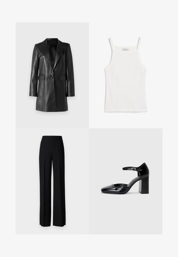 STUDIO ID Nahkjakk - nappa black; Valge tank top, millel on õhukesed rihmad, valmistatud ribakangast, sirge dekoltee ja puhas viimistlus allääres.; Mustad laiad püksid mustas värvitoonis, sujuva tekstuuri ja kõrge vöökoha ning keskmiste voldikutega. Ilma nähtavate mustrite või tarvikute detailideta.; Mustad lakknahk kingad kõrge kontsaga, ruudukujulise varbaga, pahkluu rihmaga ja paksu kontsaga. Sisaldab perforatsioonidega detaile ääres.