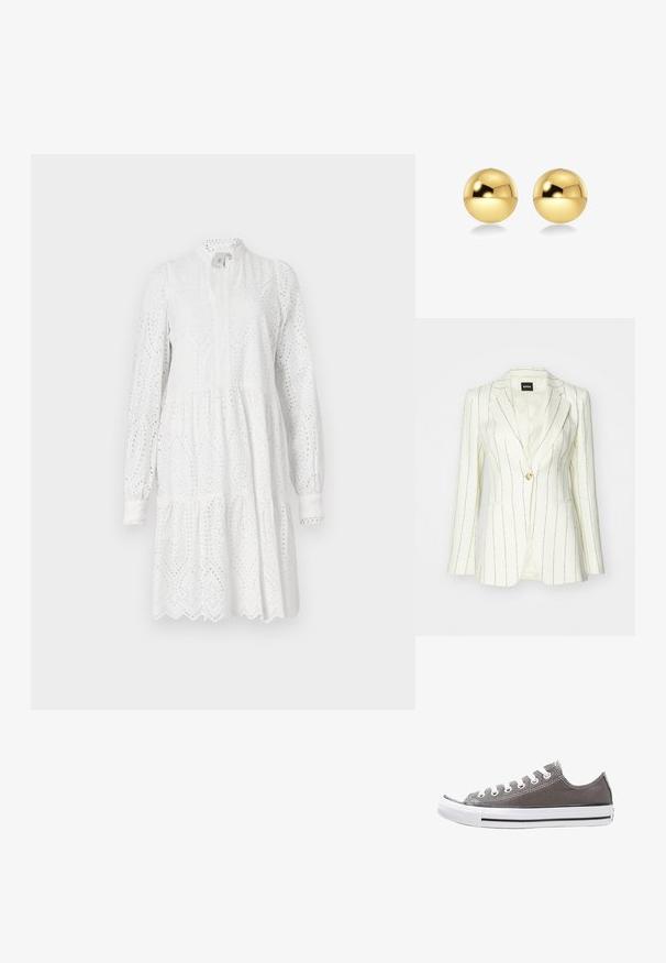 White blazer with black pinstripes, single button closure, notched lapels, two front pockets, and smooth interior lining.; White long-sleeve dress with eyelet pattern, high neckline, and tiered skirt. Features scalloped hem and slight gathering at the waist.; Gray canvas sneaker with white rubber sole, black stripe, and metal eyelets. Features round toe, low-top design, and textured fabric.; Gold-colored spherical earrings with a shiny, reflective surface. The design is simple and smooth, creating a modern, minimal look.