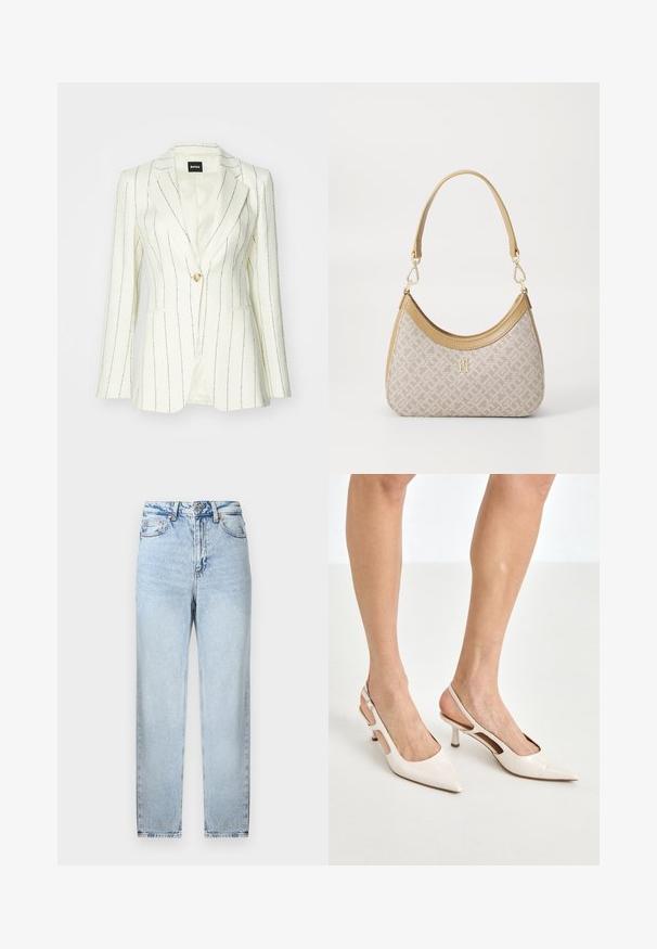 Witte blazer met zwarte streepjes, enkele knoopsluiting, geknipte revers, twee voorzakken en een gladde voering.; Witte kant blouse met een ronde halslijn, korte pofmouwen en een bloemenpatroon. Voorzien van knoopsluiting en doorschijnende stof.; Lichtblauwe denimspijkerbroek met een rechte pasvorm, voorzien van een knoop- en ritssluiting, vijf zakken en een lichte vervaging aan de voor- en achterkant.; Beige gepatineerde leren slingback hakken met een spitze neus en een hak van 5 cm, met uitsparingen aan de zijkanten en een dunne enkelband.; Beige handtas met een patroon en een gebogen vorm, leren accenten en een goudkleurig logo aan de voorkant. Beschikt over een kort handvat voor gemakkelijk dragen.; Goudkleurige sferische oorbellen met een glanzend, reflecterend oppervlak. Het ontwerp is eenvoudig en glad, wat zorgt voor een moderne, minimalistische uitstraling.