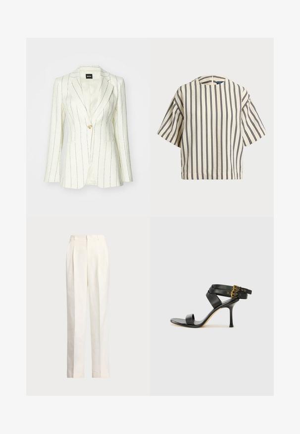 Witte blazer met zwarte streepjes, enkele knoopsluiting, geknipte revers, twee voorzakken en een gladde voering.; Korte mouwen, gestreepte top in crème en marineblauw, met een ronde halslijn en een boxy ontwerp van een textuurstof.; Polo Ralph Lauren HEMP WIDE LEG PANT - Broek - nevis; Zwarte hoge hak sandaal met gekruiste bandjes en verstelbare gespsluiting. Heeft een gladde textuur en een taps toelopende stilettohak.