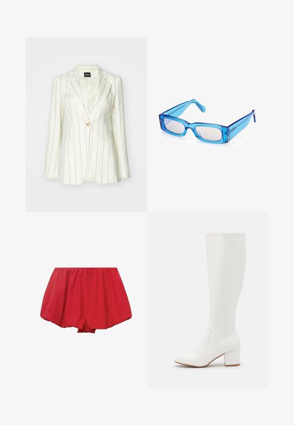 White blazer with black pinstripes, single button closure, notched lapels, two front pockets, and smooth interior lining.; Two cotton crop tops in white and black. Each has a deep neckline and thin shoulder straps, featuring a smooth, soft texture.; Red, lightweight shorts with an elastic waistband. Featuring a loose, flared design and gathered fabric for a relaxed fit.; White knee-high boots with a smooth, shiny finish. Square block heel and subtle stitching detail along the side.; Blue transparent rectangular sunglasses with a thick frame, slightly curved arms, and light-colored lenses. Features subtle brand detailing.