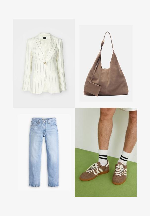 Weißer Blazer mit schwarzen Nadelstreifen, einreihiger Knopfverschluss, eingeschlagene Revers, zwei vordere Taschen und glattes Innenfutter.; Weißes Langarmoberteil mit weitem Ausschnitt, seitlichen Schlitzen und einem glatten, leichten Stoff, das ein einfaches, minimalistisches Design aufweist.; Hellblaue Jeans aus Denim mit geradem Bein, fünf Taschen und einem mittelhohen Bund. Sie verfügen über eine ausgewaschene Textur und einen gesteppten Saum.; Braune Wildleder-Sneaker mit weißen Akzenten und Schnürsenkeln. Gummisohle in Kautschuk-Optik. Getragen mit weißen Socken, die schwarze Streifen haben. Grüner strukturierter Fußboden.; Zign LEATHER - Shopping Bag - light brown