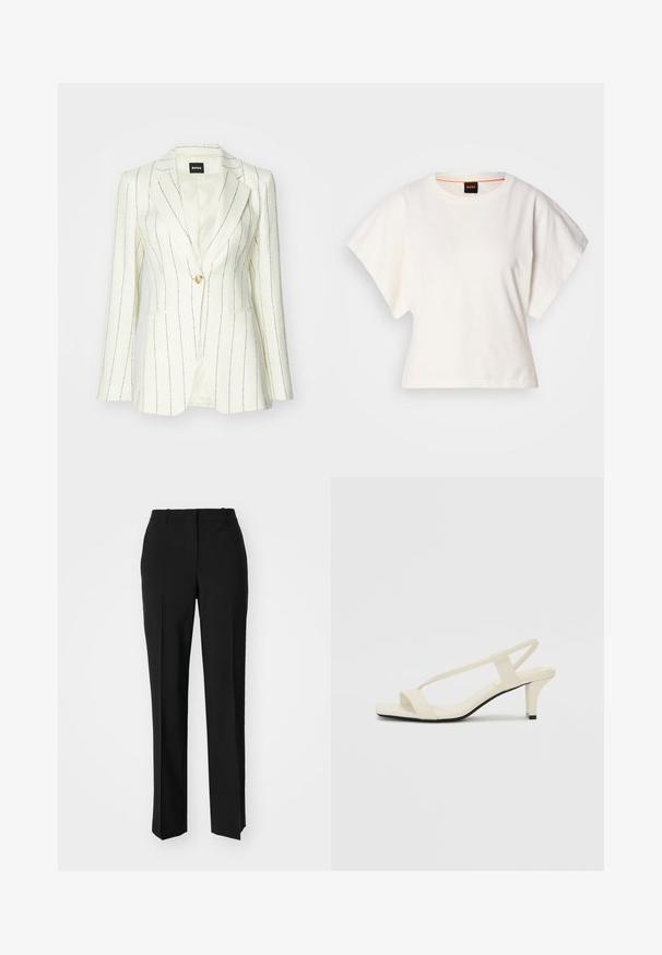 Blazer bianco con righe nere, chiusura a un bottone, risvolti a lancia, due tasche frontali e fodera interna liscia.; T-shirt bianca cropped, maniche corte e larghe, tessuto di cotone morbido, scollatura rotonda con bordino arancione sottile, design minimale, senza motivi o grafiche.; Pantaloni neri su misura con un design a gamba dritta, caratterizzati da una texture liscia e pieghe ben definite sul davanti. Senza hardware visibile.; Sandali con tacco a blocco beige, con sottili cinturini e punta quadrata. Materiale liscio con dettagli minimi, progettati per un facile utilizzo.