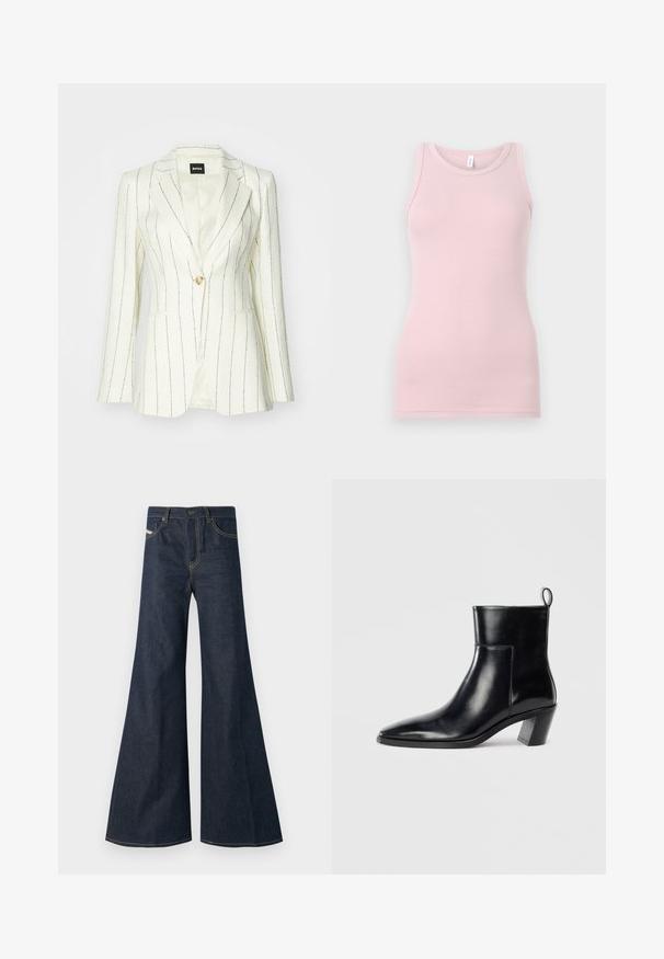 Fehér blézer fekete tűcsíkkal, egygombos záródás, kivágott hajtókák, két elülső zseb és sima belső bélés.; Világos rózsaszín ujjatlan felső, puha, rugalmas anyagból készült. Kerek nyakkivágással és keskeny pántokkal rendelkezik, sima textúrával és testhezálló szabással.; Sötétkék, bővülő farmernadrág, magas derékkal, aranyvarrás kiemelésekkel, és két elülső zsebbel, gombos záródással.; Fekete bőr bokacsizma hegyes orral, geometrikus, rétegelt sarokkal és hátsó húzófüllel. Sima textúra és kifinomult dizájn.