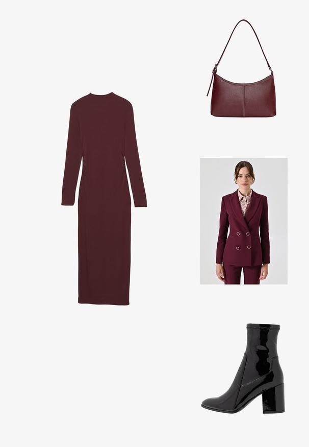 Blazer croisé bordeaux avec des accessoires en argent, revers crantés et deux poches, porté par-dessus une blouse légère à motifs. Texture de tissu lisse.; Robe mauve à manches longues avec une forme ajustée et des détails froncés sur les côtés. Fabriquée en tissu extensible, atteignant la longueur mi-mollet.; Bottine noire en vernis avec une texture lisse, bout pointu et un talon bloc structuré. Caractérisée par un design sans fermeture éclair et des coutures contrastées.; Sac à main en cuir bordeaux avec une forme arrondie, une bandoulière unique et des coutures au centre. Texture lisse, matériel minimal.