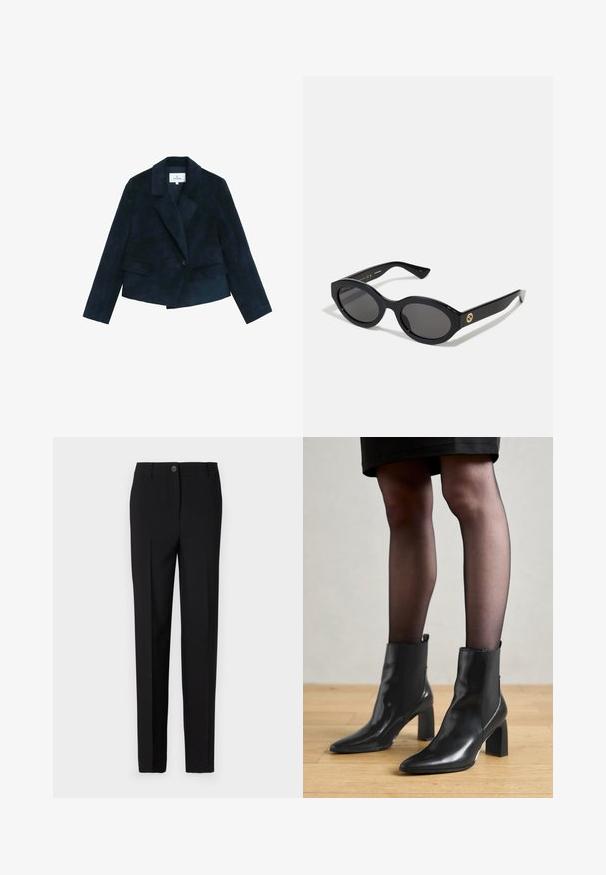 Navy corduroy blazer with a notched collar, single button closure, and two front pockets. Textured surface with a fitted, cropped design.; Gray cropped sweater with a wide neckline, long sleeves, and a soft, textured knit fabric. Simple design, no patterns or embellishments.; Black tailored trousers with a straight leg design, featuring a button fastening and belt loops, made from smooth fabric.; Black leather ankle boots with a pointed toe, chunky square heel, and sleek design. Features elastic side panels for easy wear.; Black oval sunglasses with dark lenses and glossy plastic frame. Features gold logo on the temple, offering a sleek and modern design.