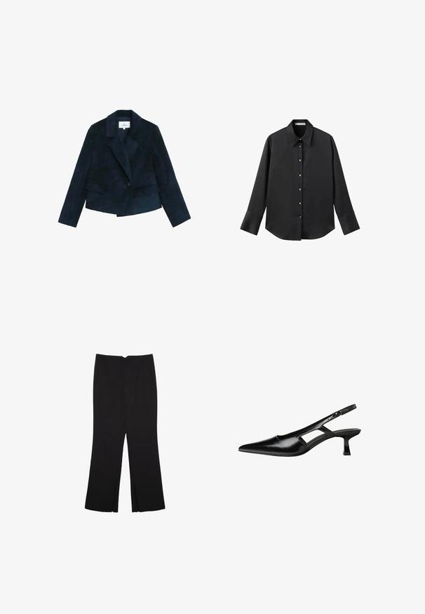 Granatowa marynarka z korduroju z wyciętym kołnierzem, pojedynczym zapięciem na guzik i dwiema przednimi kieszeniami. Teksturowana powierzchnia z dopasowanym, krótkim krojem.; Czarna koszula z długim rękawem z gładkiego materiału, z klasycznym kołnierzykiem, zapięciem na guziki z przodu w złotym odcieniu oraz szerokimi mankietami.; Czarne spodnie o prostym kroju, z przednimi kieszeniami i bocznymi rozcięciami na dole. Wykonane z miękkiego, gładkiego materiału. Odpowiednie na różne okazje.; Czarne lakierowane czółenka na odkrytej pięcie z wąskim noskiem, z wykrojem po bokach i małym kwadratowym obcasem. Gładka faktura z minimalnymi akcentami.