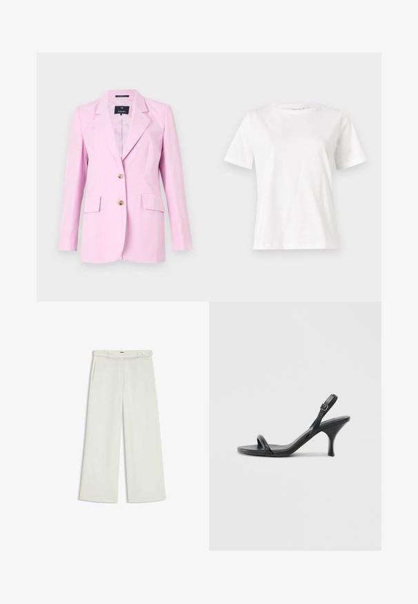 Pink blazer made of smooth fabric with a tailored fit, featuring a notch lapel, two front pockets, and gold-tone buttons.; White cotton t-shirt with short sleeves, round neckline, and a relaxed fit. Smooth texture, no patterns or accents, minimalistic design.; Wide-leg pants in light cream fabric, featuring side pockets, a flat front, and a single button closure at the waist. Smooth texture.; Black leather high-heeled sandals with a slim, curved heel and a crossed strap design. Adjustable ankle strap. Smooth texture.