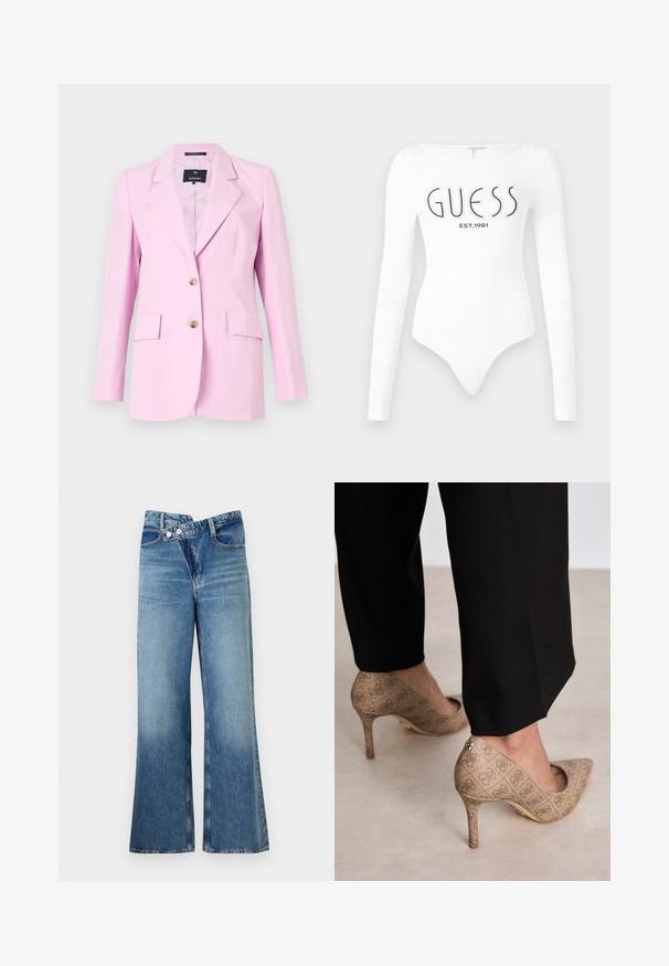 Vaaleanpunainen bleiseri, joka on valmistettu sileästä kankaasta ja jossa on muotonsa mukainen istuvuus. Siinä on läpän kaulus, kaksi etutaskua ja kultasävytteiset napit.; Valkoinen pitkähiha bodysuit, jossa on pyöreä pääntie. Edessä mustalla painettuna "GUESS" -logo ja "EST.1981". Sujuva rakenne.; Vaaleansiniset farkut, joissa on leveät lahkeet ja korkea vyötärö. Farkuissa on kaksi nappia ja etutaskut. Kankaan pinta on kulunut ja siinä on hienovaraisia sävy-eroja.; Beige korkokenkiä, joissa on teksturoitu kangas, jossa on toistuva kuvio. Teräväkärkinen muotoilu, takana korostus ja kultaiset korkodetaalit.