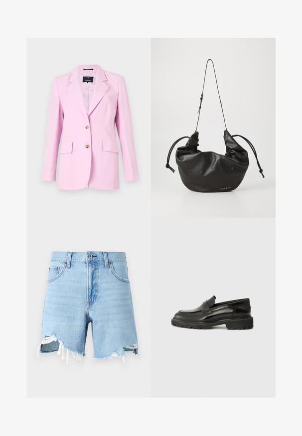 Ružový blazer vyrobený z hladkej tkaniny s priliehavým strihom, s klopami v tvare výrezu, dvoma prednými vreckami a zlatými gombíkmi.; Biela bezrukávová tielko vyrobené z rebrovanej látky, s okrúhlym výstrihom a priliehavým strihom, s minimálnymi švami a bez ozdôb.; Svetlomodré denimo šortky s klasickým päť vreckovým dizajnom, roztrhnutým lemom a poškodenými detailmi na prednej strane.; Čierne kožené slip-on topánky s okrúhlou špičkou, hrubou textúrovanou podrážkou a jemným švom. Obsahujú malé logo na zadnej strane.; Čierna mäkká kožená taška cez rameno s nastaviteľným tenkým popruhom, zhrnuté strany viazané uzlami a malým zlatým logom na prednej dolnej pravej strane.