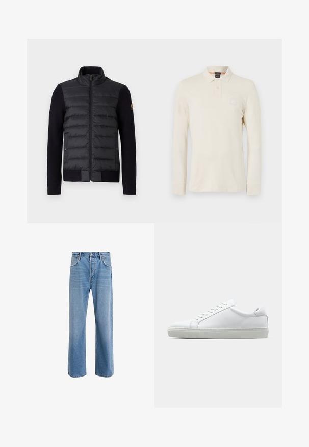 Zwarte zip-up jack met gewatteerd voorschut en gebreide mouwen, voorzien van zijzakken en een klein logopatch op de linkermouw.; Langarm polo shirt in lichtbeige, gemaakt van gladde stof, met een polokraag, een knoopsluiting met twee knopen en een klein logopatch op de borst.; Lichtblauwe denim jeans met een straight-leg ontwerp, vijf zakken, knoopsluiting, minimale vervaging en contrasterende stikseldetails.; Witte sneaker met een gladlederen bovenwerk en een laag profiel. Voorzien van een ronde neus, zes vetergaatjes en een gestructureerde rubberen zool.