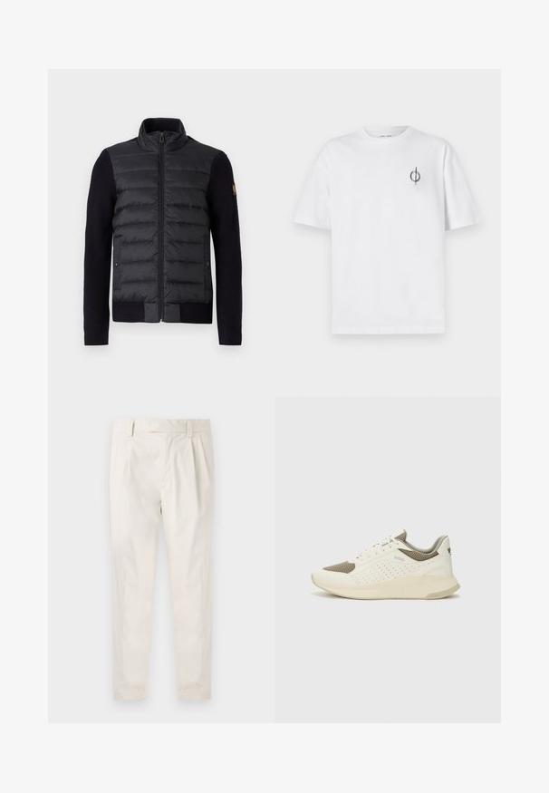 Fekete zipzáras dzseki steppelt elülső panellel és kötött ujjal, oldalzsebekkel és egy kis logóval a bal karon.; Fehér pamut póló laza szabással, kis fekete grafikai logóval a bal mellen. Rövid ujjak, kerek nyakkivágás.; Fehér, pliszírozott nadrág, testre szabott szabással, sima felülettel, övhurkokkal és karcsú lábszárral. Nincs látható zseb vagy minta.; Fehér és világos bézs sportcipő, légies hálós felsőrésszel, perforált részletekkel és texturált középtalppal, amelyen a saroknál a márka logója található.