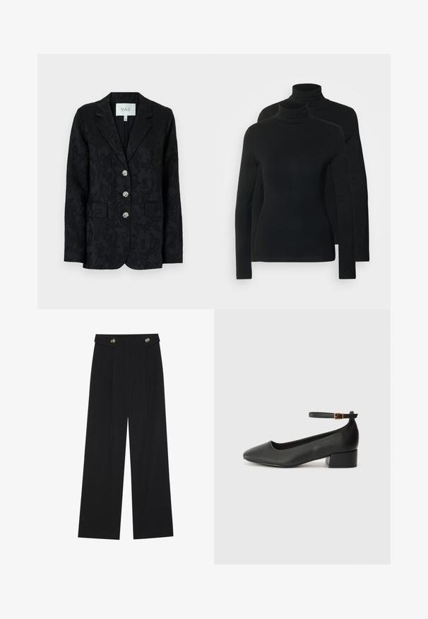 Μαύρο σακάκι με υφασμάτινο floral σχέδιο, δύο μπροστινές τσέπες και τρία διακοσμητικά ασημένια κουμπιά. Κοστούμι με κωδικό γιακά και μονή διάταξη.; Δύο μακρυμάνικες μπλούζες με ζιβάγκο σε ενιαίο μαύρο χρώμα, κατασκευασμένες από μαλακό, ελαστικό ύφασμα με εφαρμοστή σχεδίαση και χωρίς ραφή στον λαιμό.; Μαύρο παντελόνι φόρμας σε φαρδιά γραμμή με ψηλή μέση, κουμπιά στη μέση και πλαϊνές τσέπες.; Μαύρο δερμάτινο τακούνι με μυτερή μύτη και χαμηλό τετράγωνο τακούνι. Διαθέτει λουράκι στον αστράγαλο με χρυσό τόνο πόρπη. Λείο υφή.