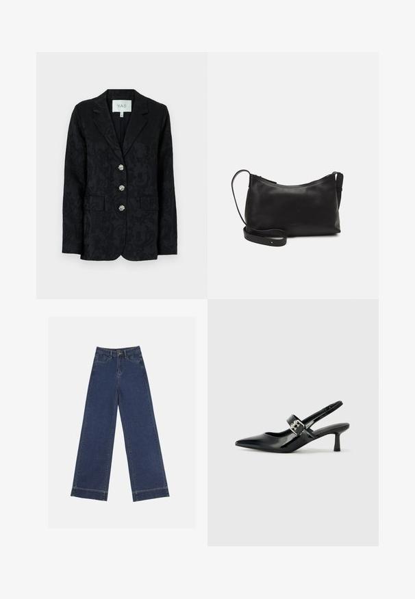 Black blazer with a textured floral pattern, two front pockets, and three decorative silver buttons. Notched collar and single-breasted design.; Black cotton t-shirt with short sleeves, featuring a small pink butterfly graphic on the left chest. Crew neck design with a relaxed fit.; Wide-leg jeans in dark blue denim. Features five pockets, belt loops, and a raw hem at the bottom with visible stitching details.; Black patent leather slingback heels with a pointed toe and a small block heel, featuring a silver buckle accent on the strap.; Black leather shoulder bag with a smooth texture, curved shape, adjustable strap, and a zip closure. Minimalist design without embellishments.