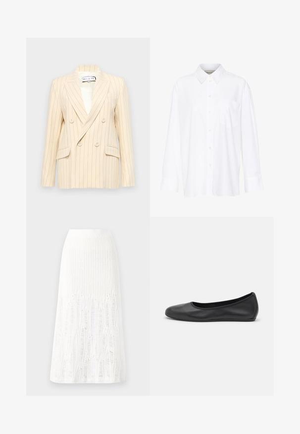 Blazer beige à rayures, croisé et à revers crantés, avec deux poches avant et doublure blanche. Présente des boutons ronds et une silhouette structurée.; Chemise blanche à manches longues avec col, en coton. Présente un devant à boutons et une poche poitrine unique. Texture lisse, coupe décontractée.; Jupe midi en tricot blanche présentant un motif texturé avec des lignes verticales et des découpes près de l'ourlet. Taille élastique. Matériau doux.; Ballerines en cuir noir avec un bout rond, texture lisse, détails de couture minimalistes et design de semelle flexible.