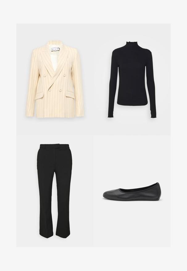 Beige gestreifter, doppelt geknöpfter Blazer mit Reverskragen, zwei Vorderaschen und weißem Futter. Verfügt über runde Knöpfe und eine strukturierte Form.; Schwarz, langärmliges Turtleneck-Oberteil aus glattem Material, mit einem gerafften Kragen und einer enganliegenden Silhouette mit einfachen Kanten.; Schwarze, maßgeschneiderte Hose mit geradem Bein, ausgestattet mit Gürtelschlaufen und Seitentaschen. Hergestellt aus glattem Stoff mit sauberem Finish.; Schwarze Leder-Ballettschuhe mit abgerundeter Spitze, glatter Textur, minimalen Nähdetails und einem flexiblen Sohlen-Design.